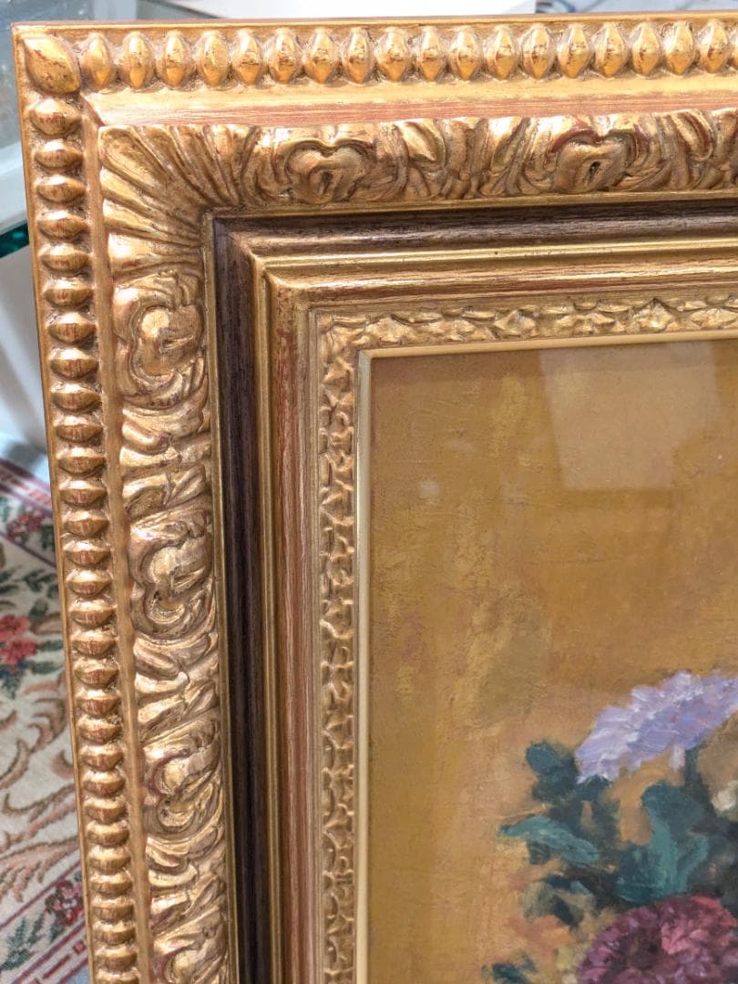 【新品6万円額縁】 油絵 花の絵 金縁 額入り 油彩 飾り額 高級金縁額