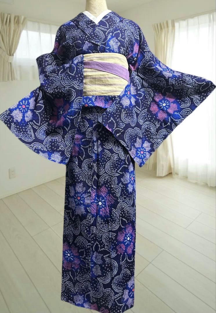 新品✨美品✨藍染に紫　有松鳴海絞り浴衣　身丈161裄丈67