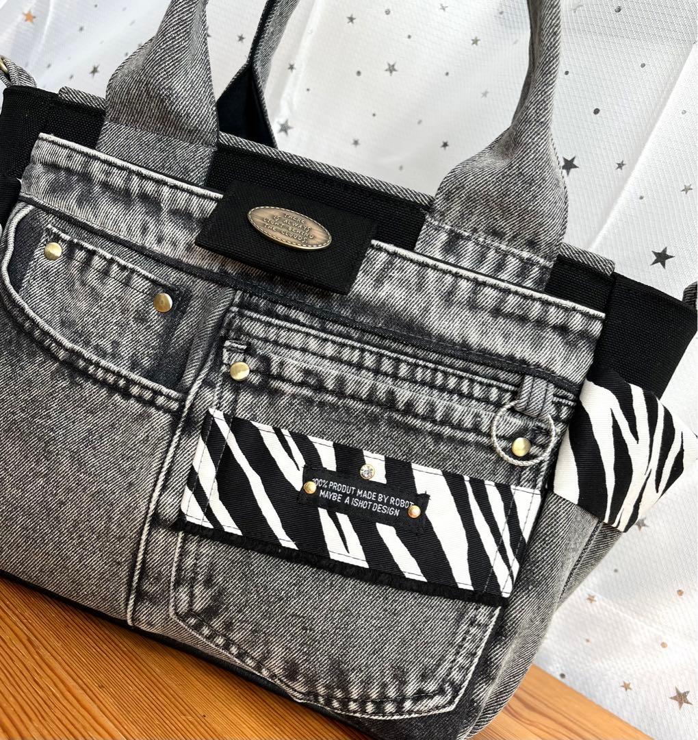 グレーデニムリメイクバッグ（L）No.799☆ハンドバッグ　マザーズバッグ
