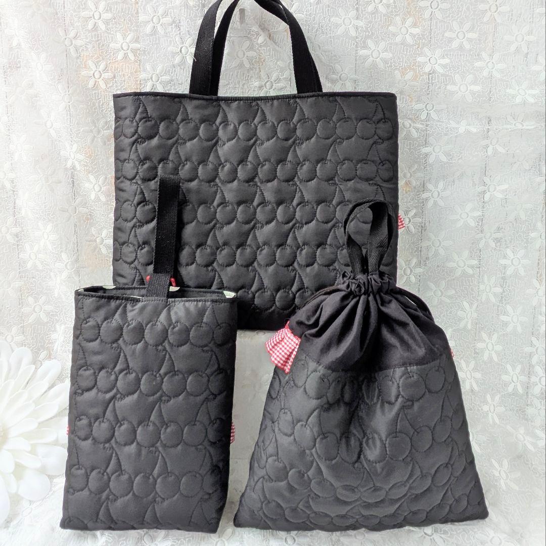 入園入学3点セット　手提げ　上履き袋　お着替え袋　さくらんぼの刺繍リボン