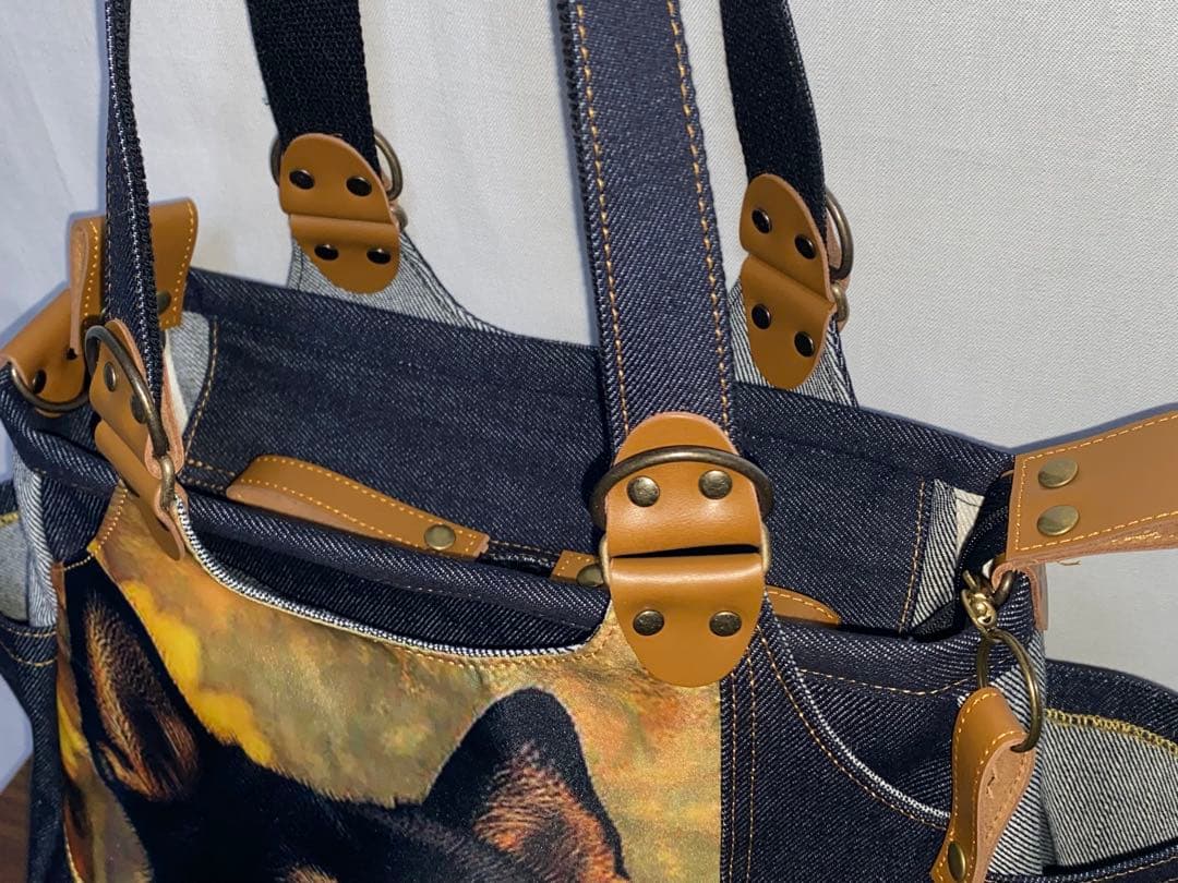 ☆ハンドメイド☆岡山デニム☆黒柴犬☆4wayあおりバッグ