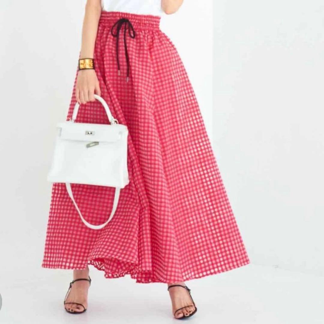 新品　オブリ　シアー　オーガンジー　ギンガムチェック　フレアロングスカート