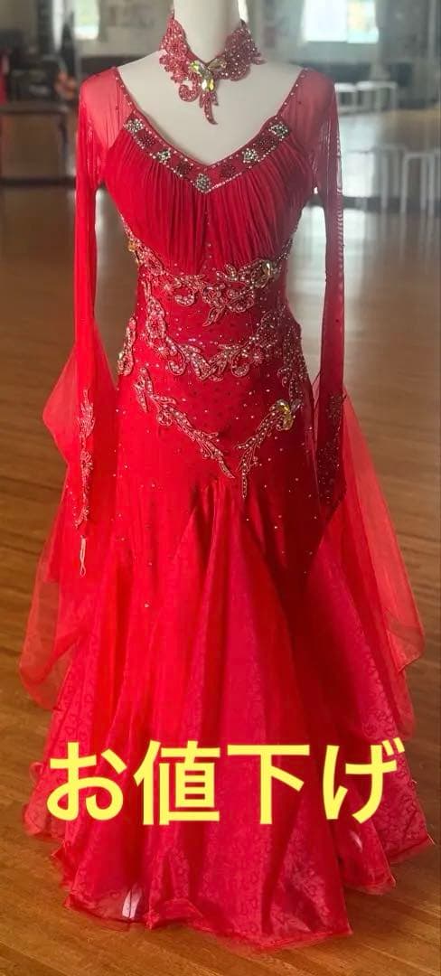 社交ダンスドレス 赤色 ラインストーン刺繍装飾チョーカー フロート付き L