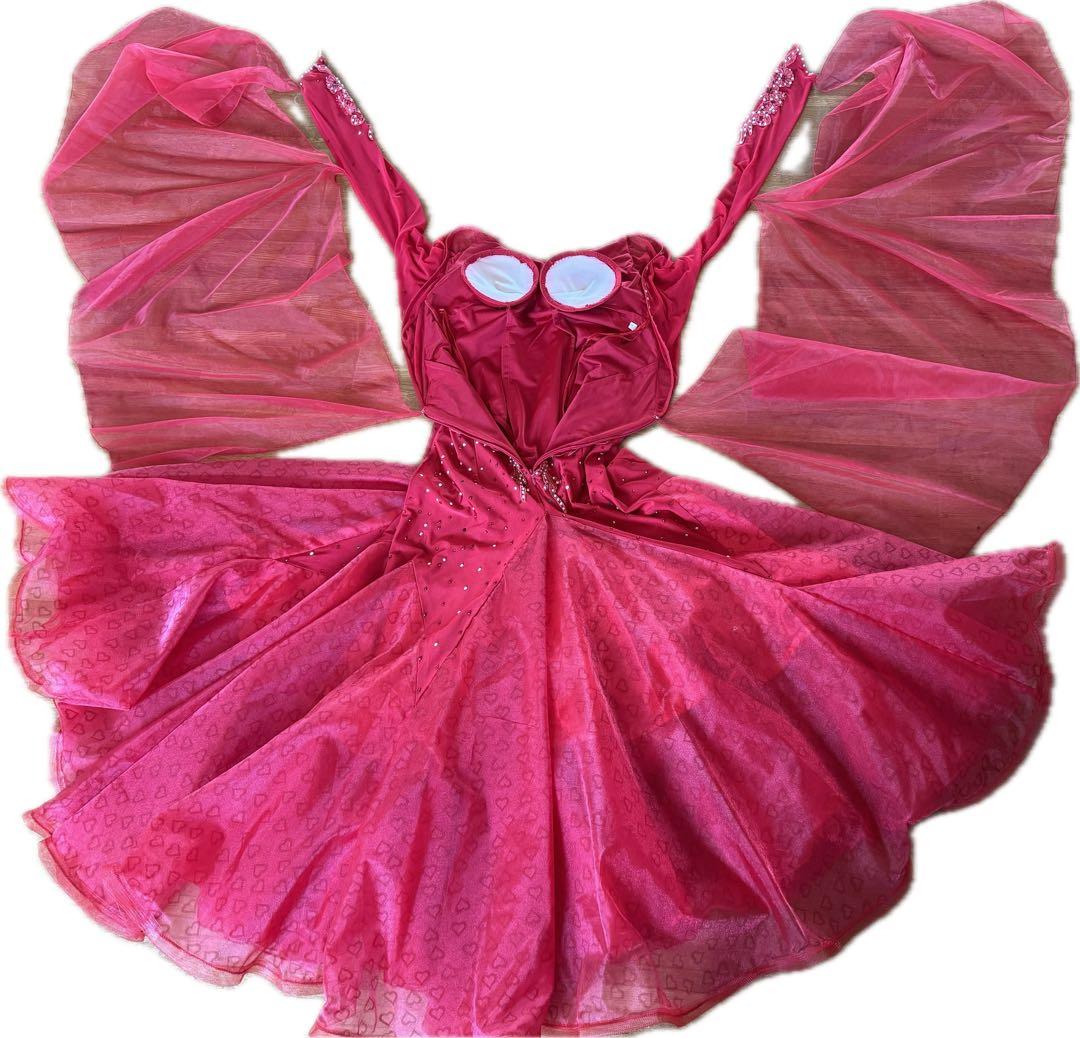 社交ダンスドレス 赤色 ラインストーン刺繍装飾チョーカー フロート付き L