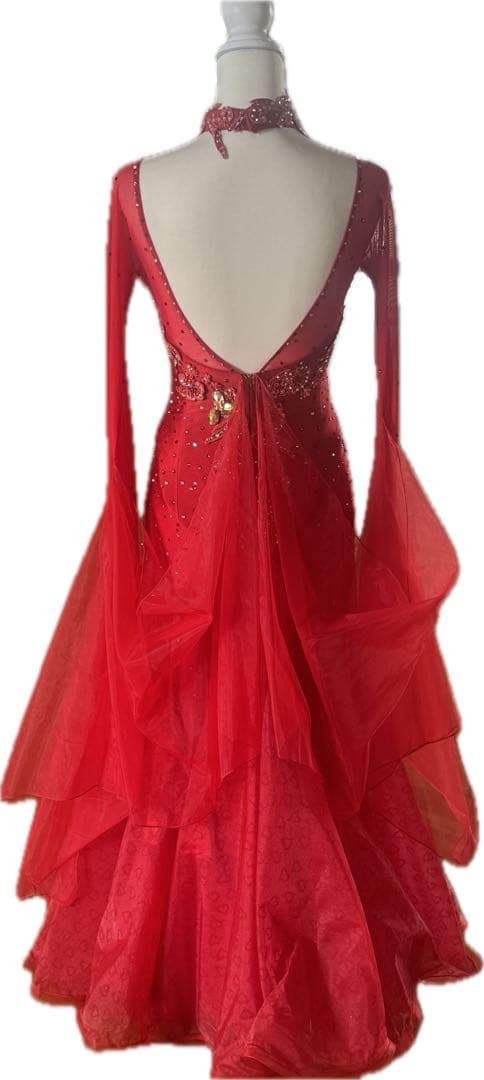 社交ダンスドレス 赤色 ラインストーン刺繍装飾チョーカー フロート付き L