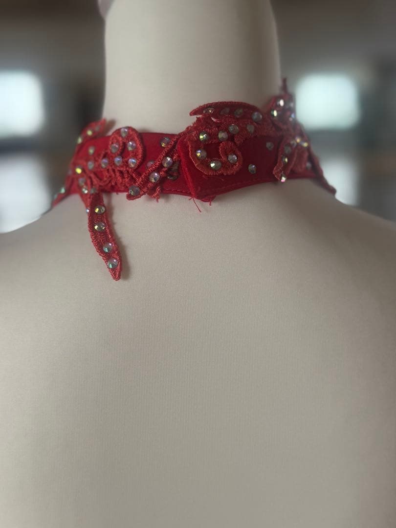 社交ダンスドレス 赤色 ラインストーン刺繍装飾チョーカー フロート付き L