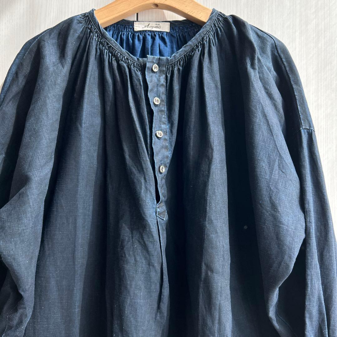 イチアンティークス　麻　プルオーバー ブラウス　インディゴ　ゆったり