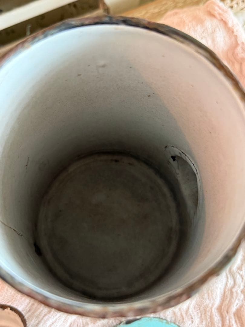 激レア！オールハンドペイントフランスアンティーク水色に小鳥柄のホーローポット