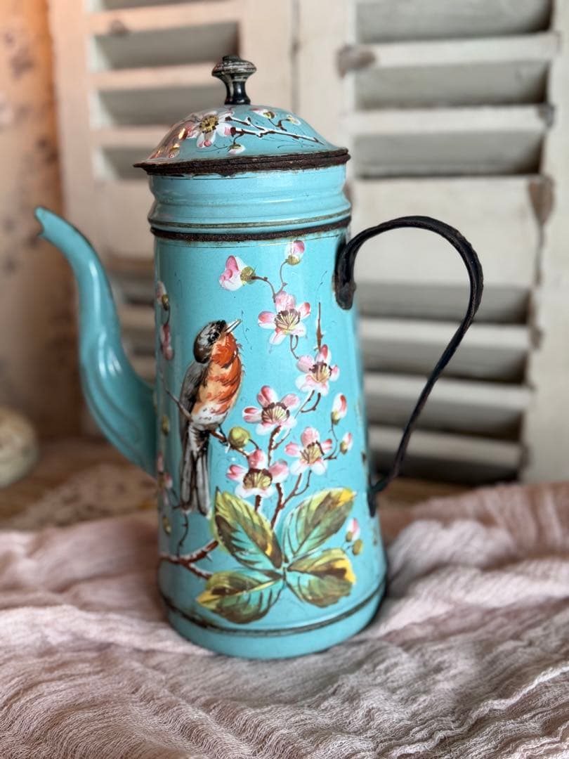 激レア！オールハンドペイントフランスアンティーク水色に小鳥柄のホーローポット