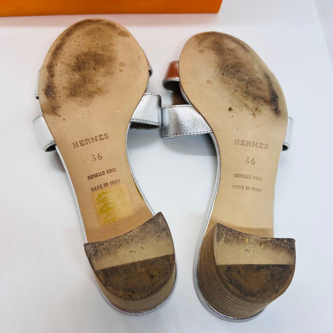 HERMES シルバー レザー ミュール ヒール　Hロゴ　オアジス　サンダル