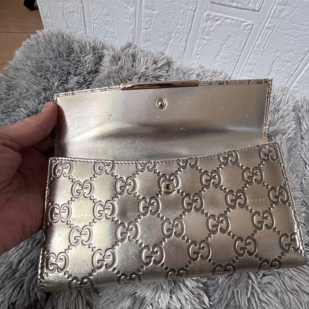 良品✨GUCCI シマ　メタリック　シャンパンゴールド　Wホック　長財布