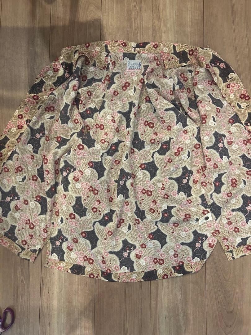 Yashiki SAMURAI JEANS 梅の花柄　長袖アロハシャツ　S