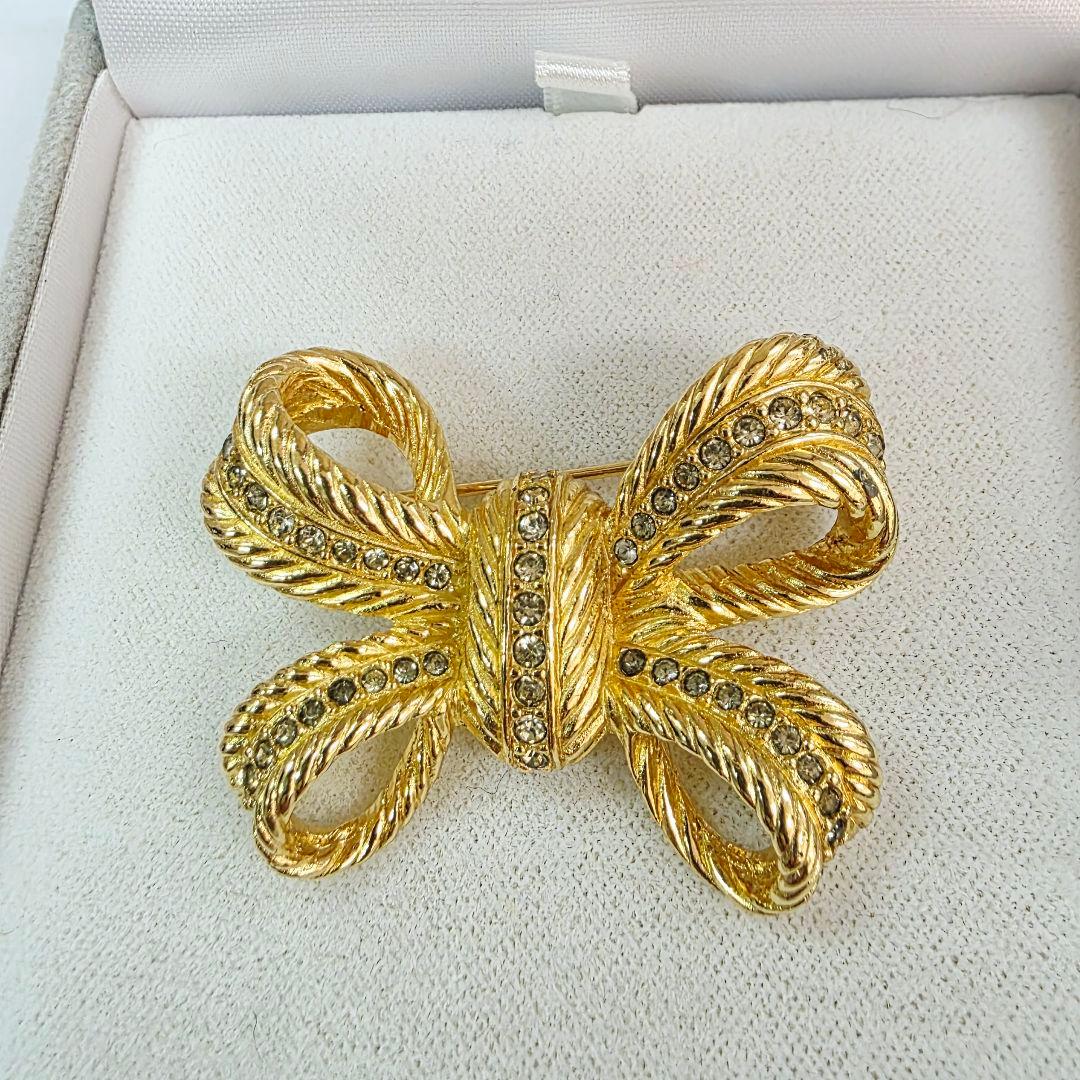 Dior クリスチャンディオール リボン ブローチ ゴールド ラインストーン