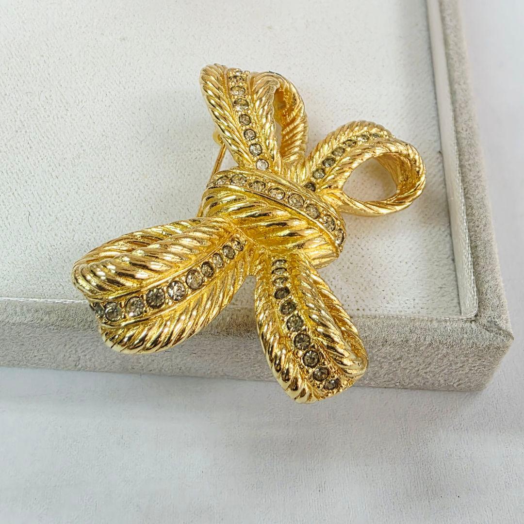 Dior クリスチャンディオール リボン ブローチ ゴールド ラインストーン