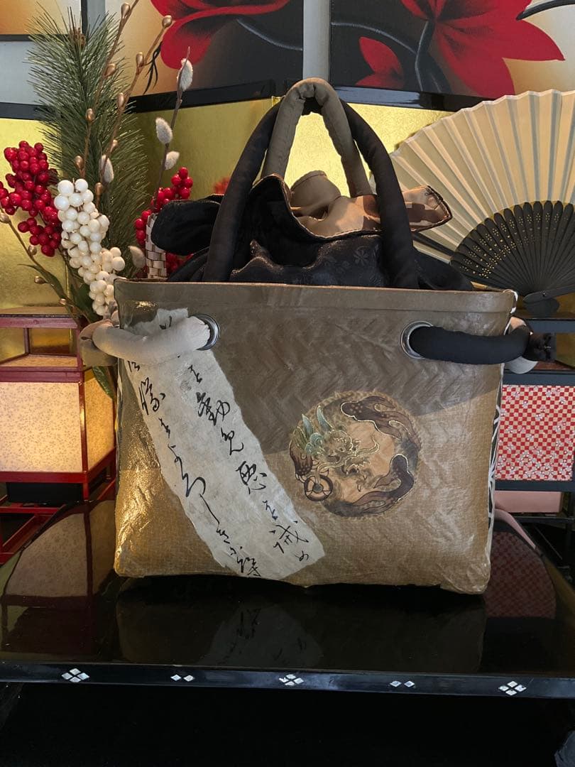 一閑張り　一閑張りバッグ　浮世絵　雲龍　古文書　和紙　竹籠　古布大正　着物　龍