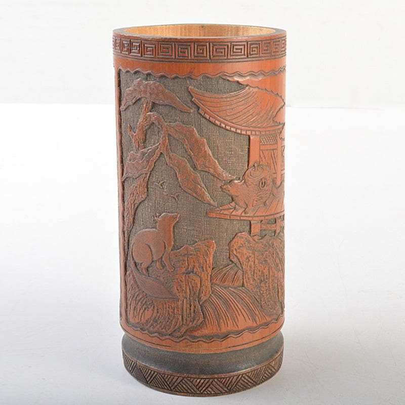 eee 中国　古竹彫刻　神獣桜閣山水文　筆筒　V　R7505