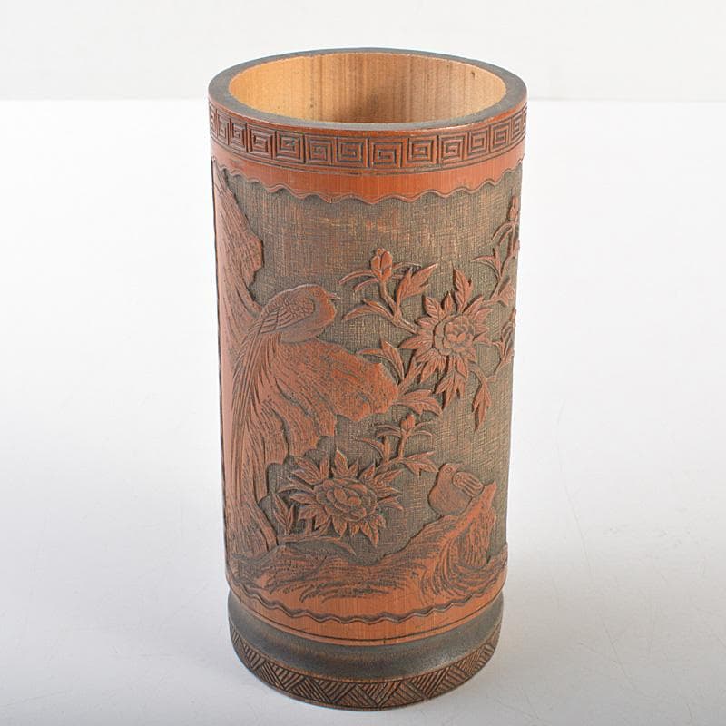 eee 中国　古竹彫刻　神獣桜閣山水文　筆筒　V　R7505