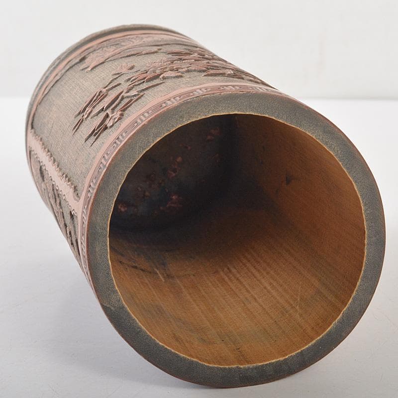 eee 中国　古竹彫刻　神獣桜閣山水文　筆筒　V　R7505