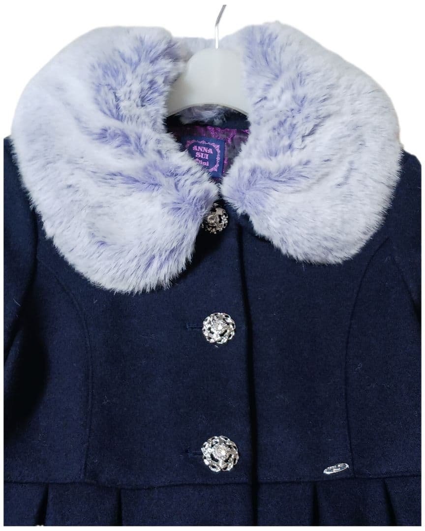 ANNASUI MINI◆ロングコート◆160 ファー ビジュー 花柄 ネイビー