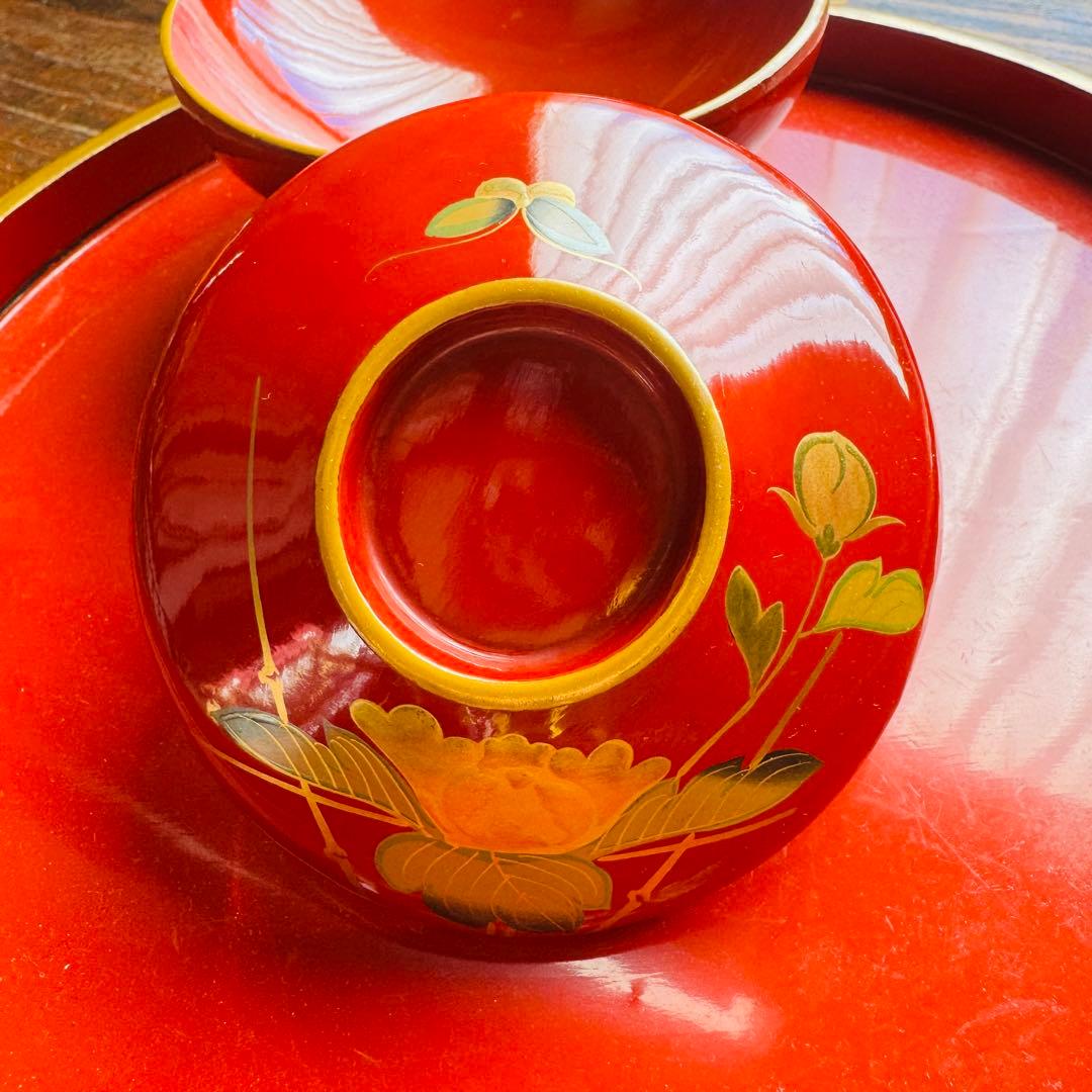 aloha34様用　金彩色絵草花文 一枚 朱塗り吸い物椀2客セット印判皿ニ枚