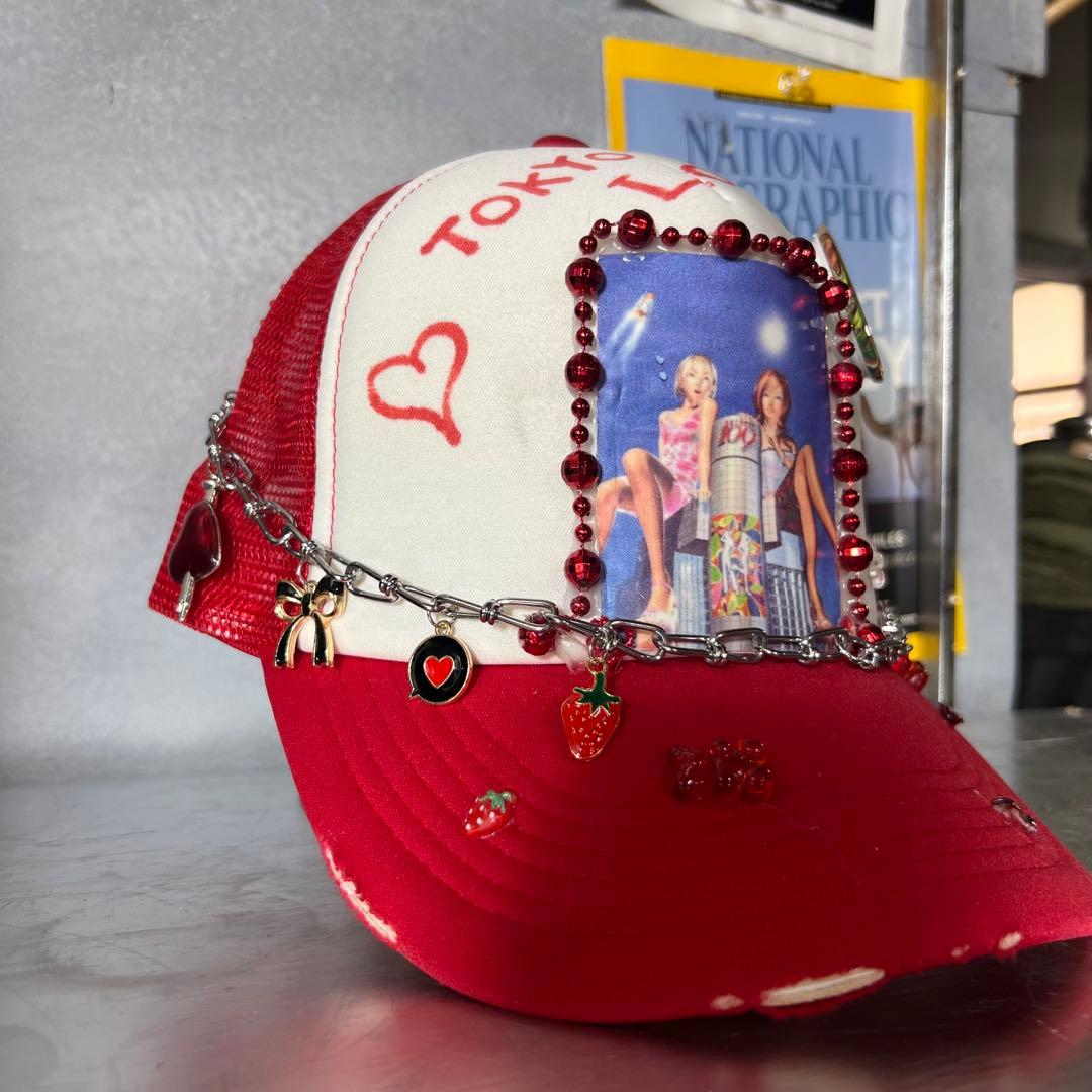 リメイク キャップ 原宿系 チェーン スタッズ ドクロ ハート Y2K グランジ
