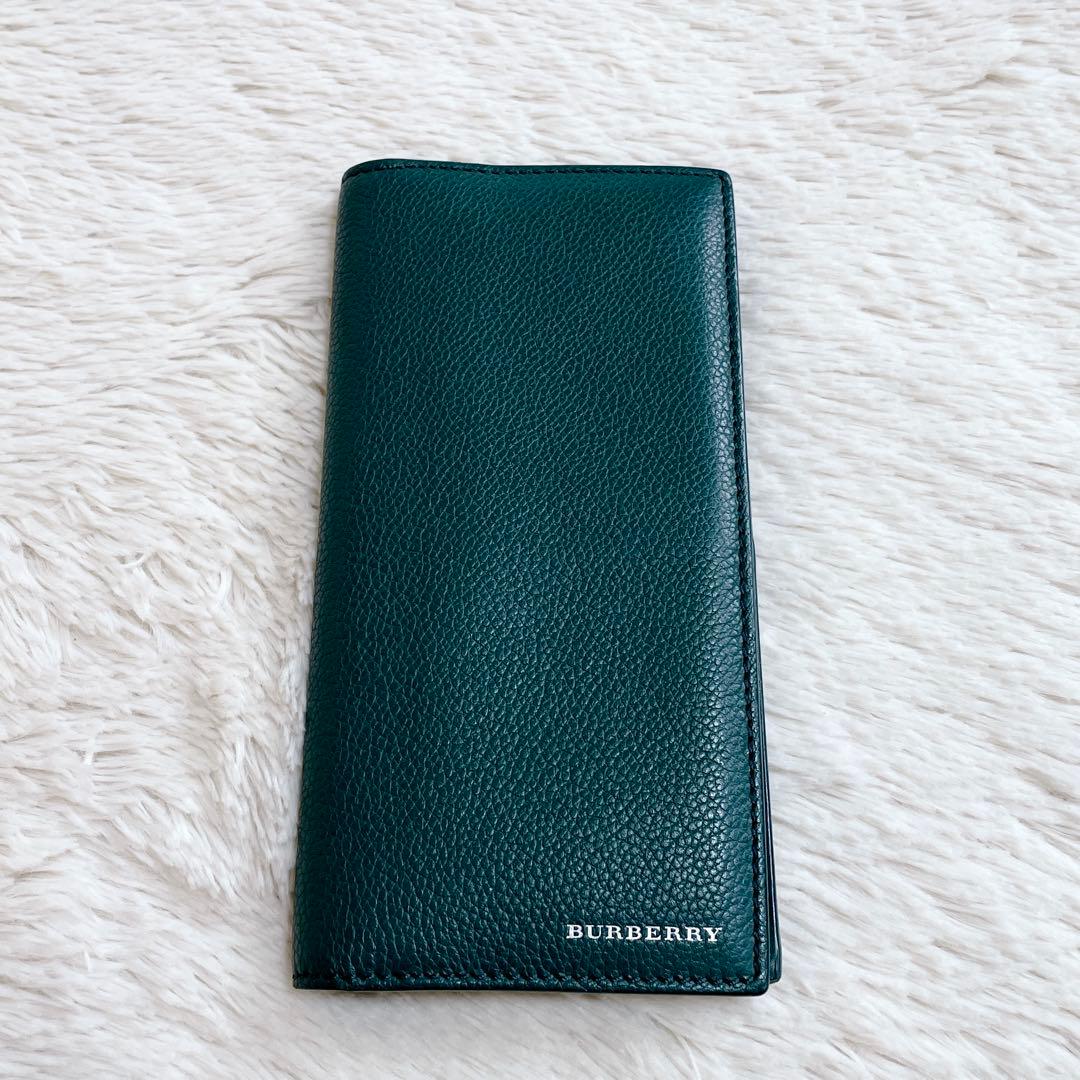 美品 付属完備 BURBERRY バーバリー ロゴ レザー 長財布 折り財布 緑