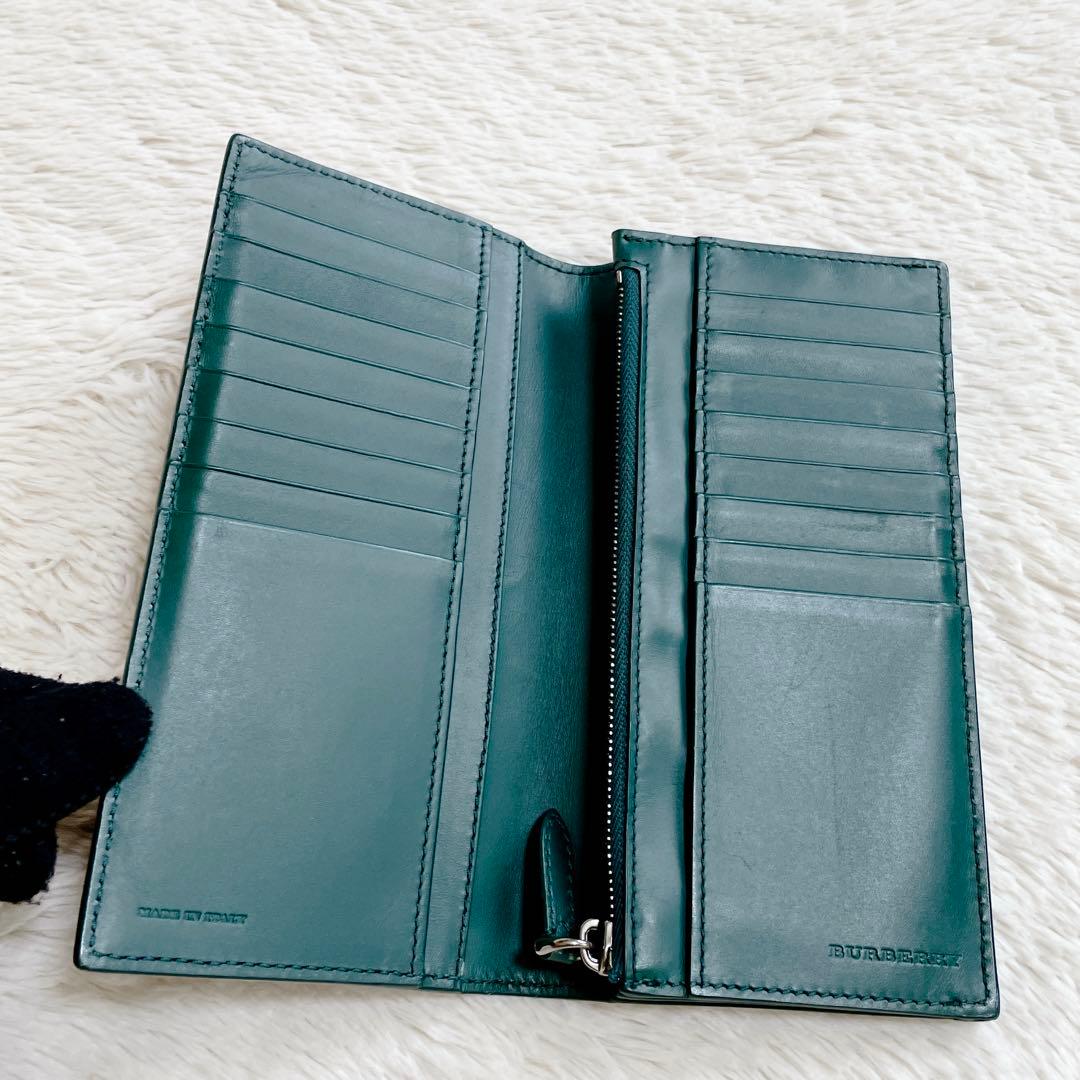 美品 付属完備 BURBERRY バーバリー ロゴ レザー 長財布 折り財布 緑