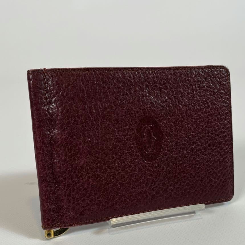 Cartier マネークリップ　二つ折り財布　小銭入れ付き　レザー　ボルドー