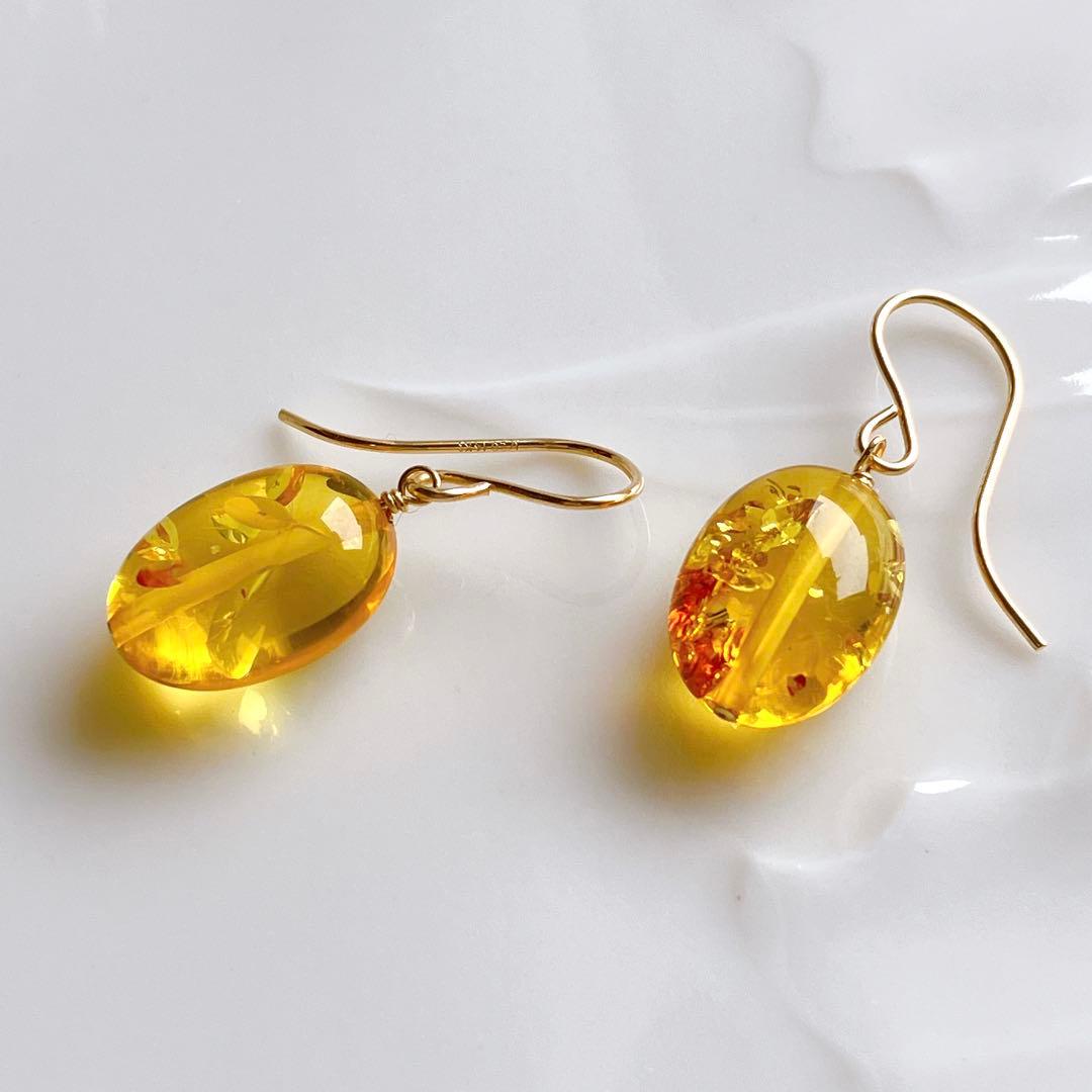 ハニーフラット◆希少✧バルティックアンバーピアス✧14kgf