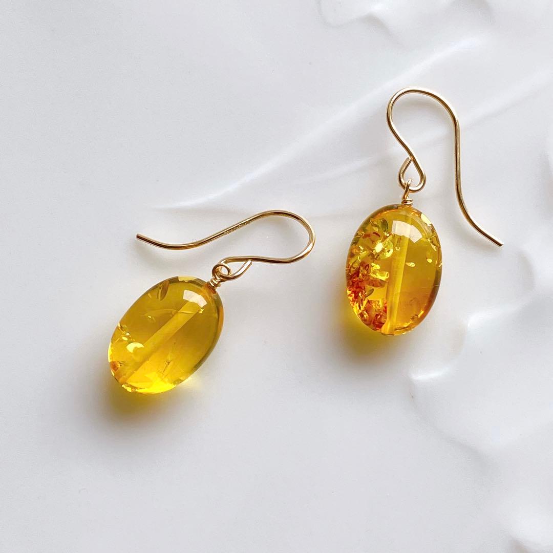 ハニーフラット◆希少✧バルティックアンバーピアス✧14kgf