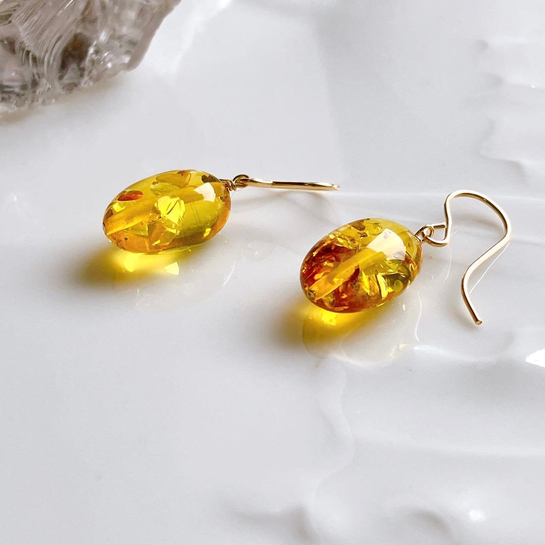ハニーフラット◆希少✧バルティックアンバーピアス✧14kgf