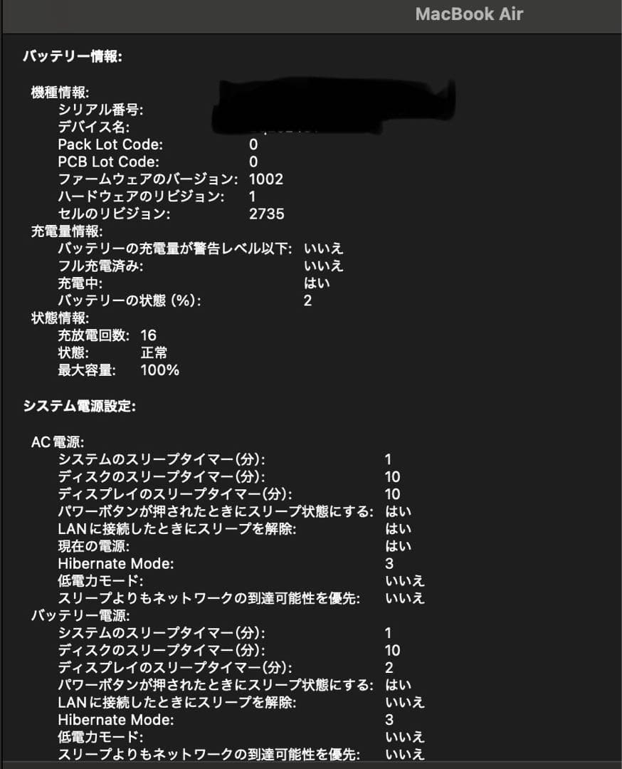 MacBook Air M1チップ 256GB 電池容量 100%