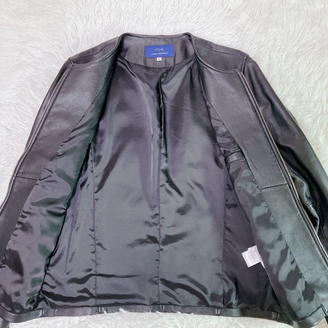 アーバンリサーチ アイテムズ　ラムレザージャケット　ノーカラー　シングル　黒　L