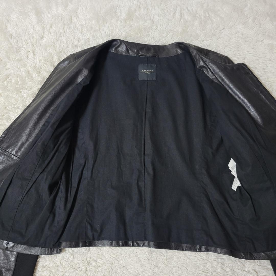 マックスマーラ　ノーカラージャケット　ラムレザー　フリル　2XL相当　ブラック