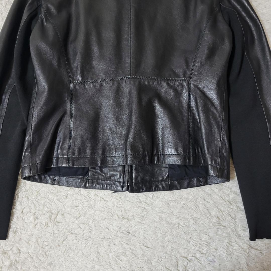 マックスマーラ　ノーカラージャケット　ラムレザー　フリル　2XL相当　ブラック