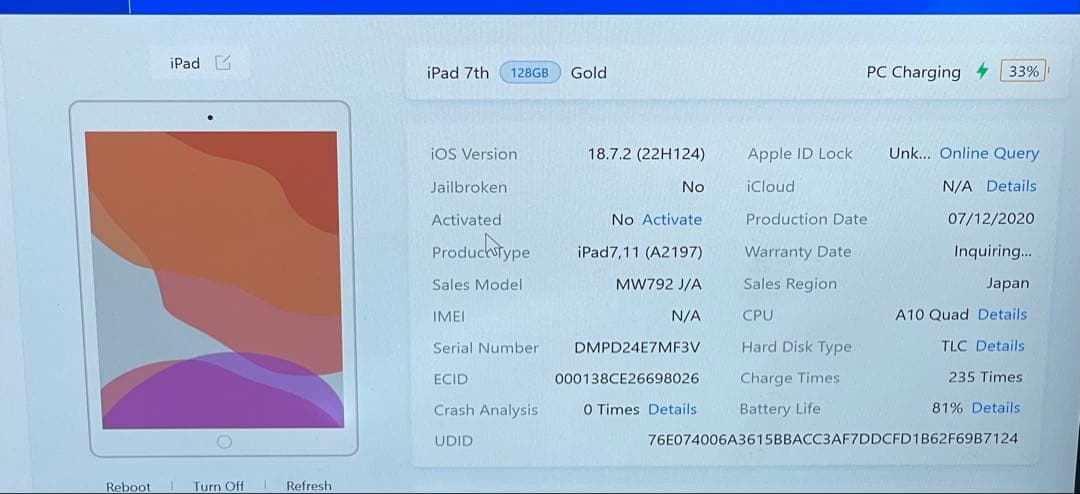 #593 iPad 第７世代 128GB Wi-fi A1297 81%