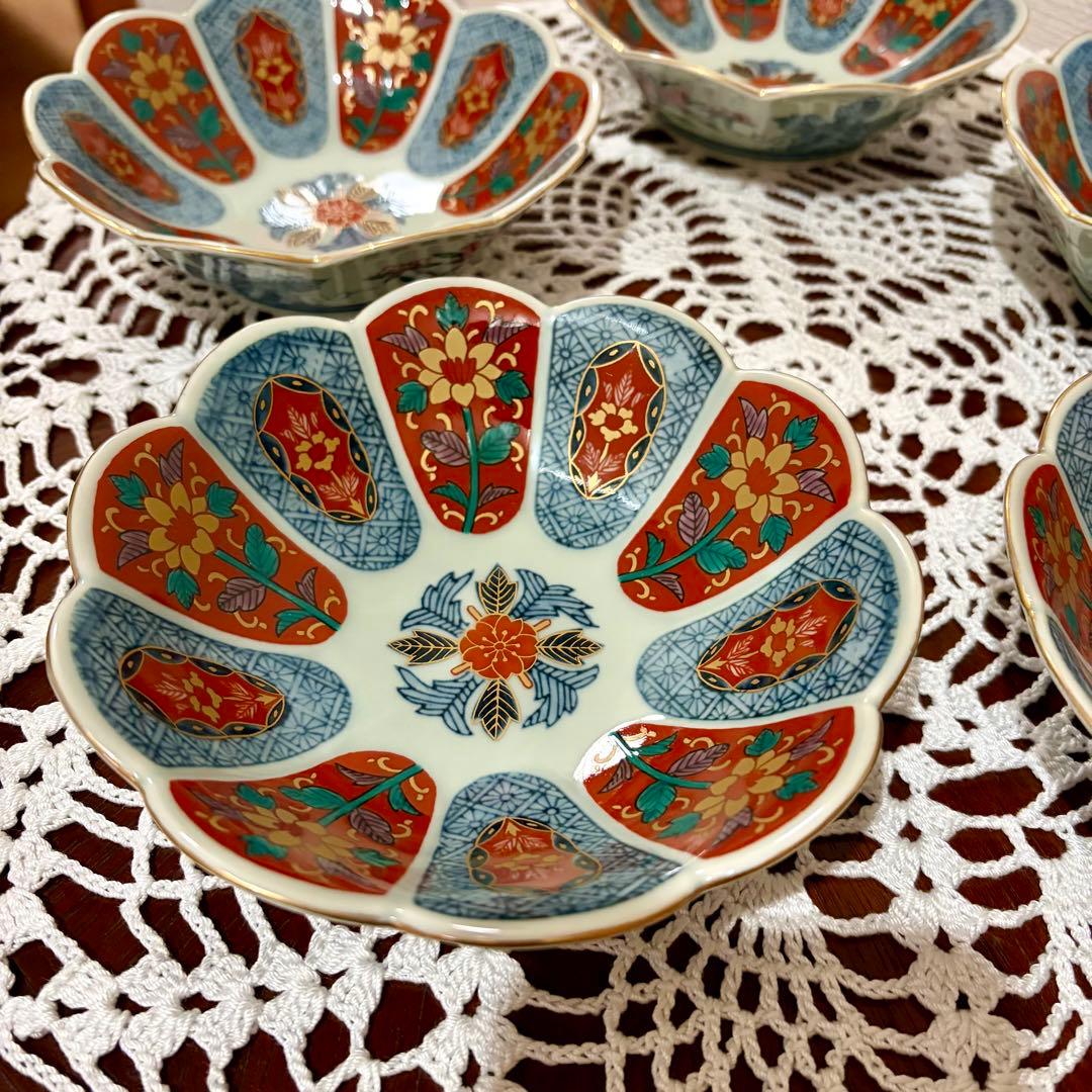 未使用★波佐見焼　林九郎窯　十方割花地紋小鉢揃　古伊万里　ペタルバイカラー　金彩