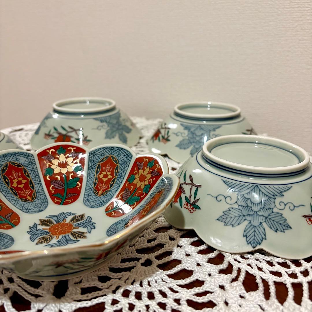 未使用★波佐見焼　林九郎窯　十方割花地紋小鉢揃　古伊万里　ペタルバイカラー　金彩