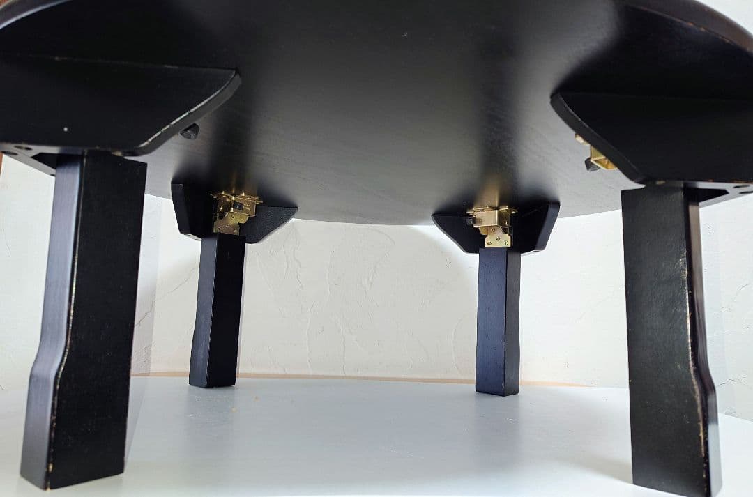 天然木製 折り畳みちゃぶ台 円卓 ローテーブル 楕円形座卓 卓袱台 昭和レトロ黒