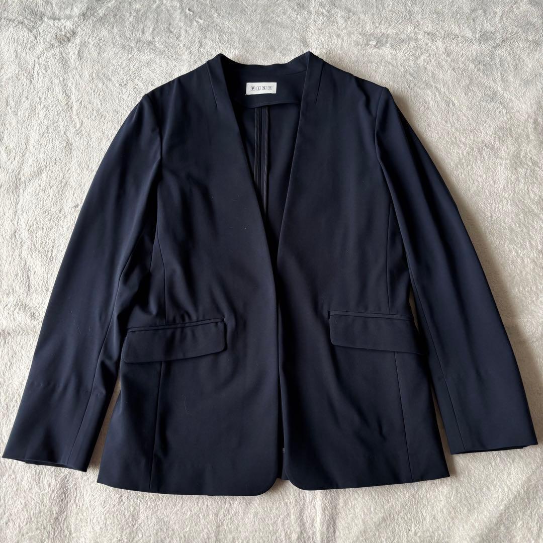 ✨️美品 PLST プラステ ノーカラー パンツスーツ ネイビー M ストレッチ