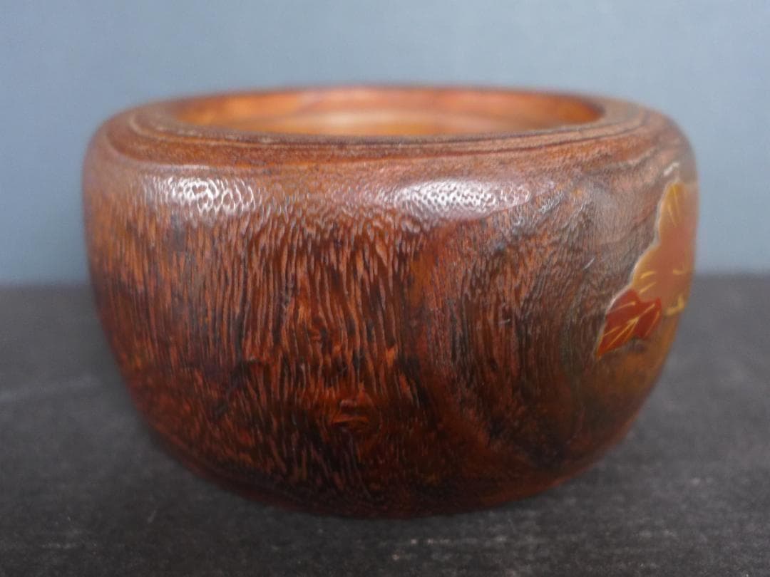時代物　小型手あぶり火鉢　桑の木一刀彫 蒔絵　古道具　アンティーク　骨董