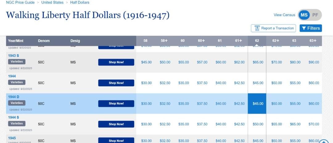 USA アメリカ 1944D NGC-AU58　50C ウォーキングリバティ