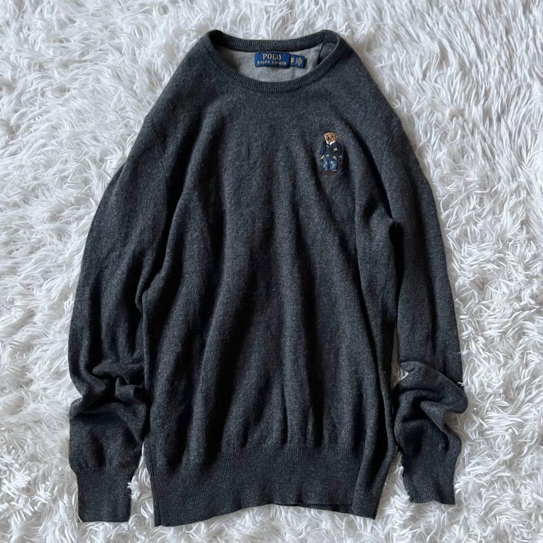 美品✨ ポロラルフローレン 長袖ニット ポロベア 刺繍 グレー クルーネック