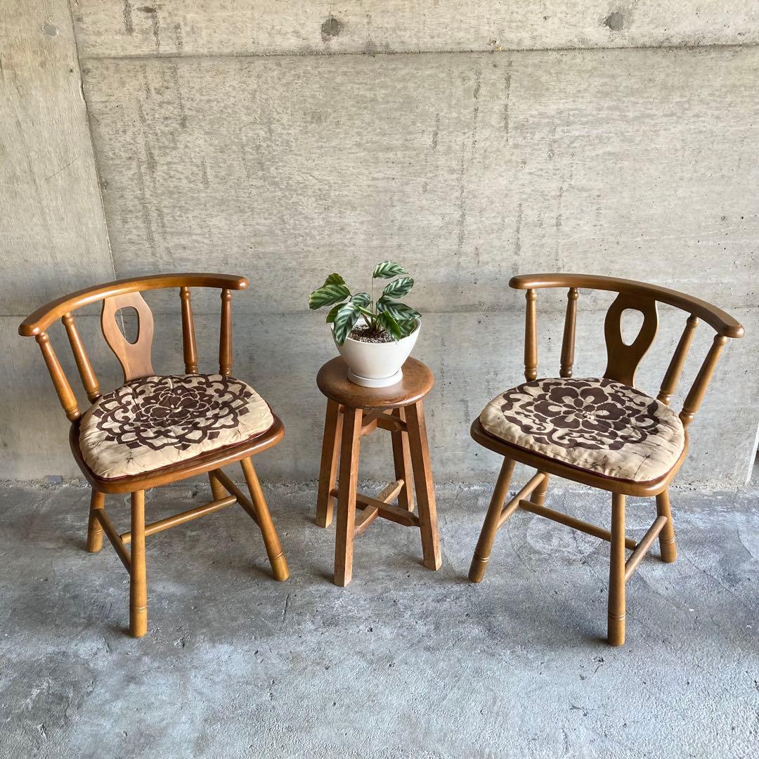 ウィンザーチェア 椅子 リビング ダイニング 2脚 座布団付 木製 家具 レトロ