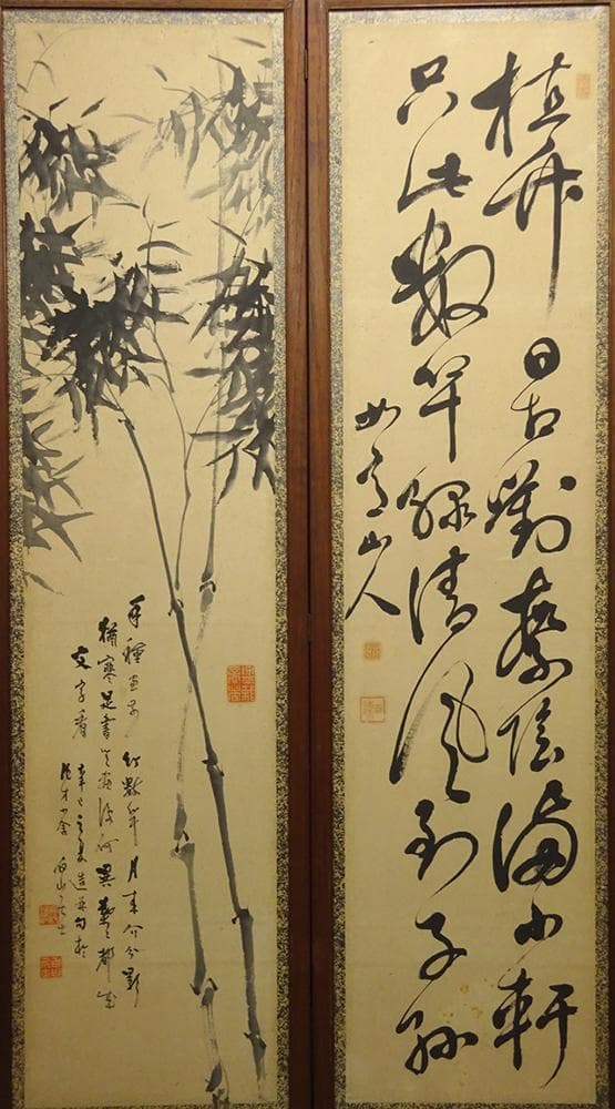 【畫】　★ 書画 松竹梅図六曲衝立 ★　明治期　白山居士絵 肉筆真作　紙本水墨