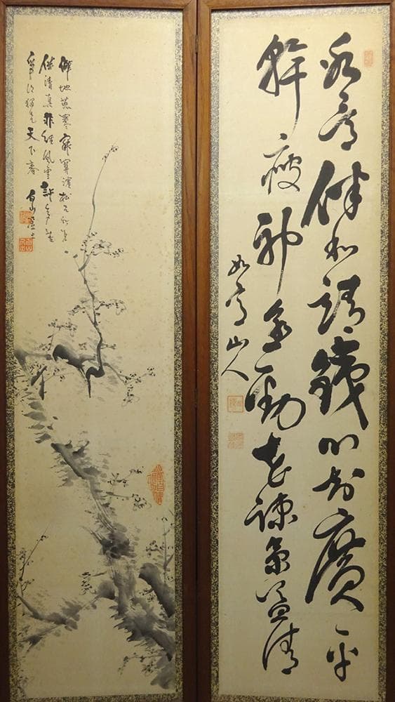 【畫】　★ 書画 松竹梅図六曲衝立 ★　明治期　白山居士絵 肉筆真作　紙本水墨