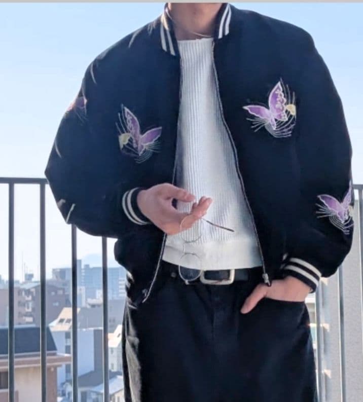 吉*田様 星姫 Hoshihime ベロア スカジャン 蝶刺繍 ブラック×パープ