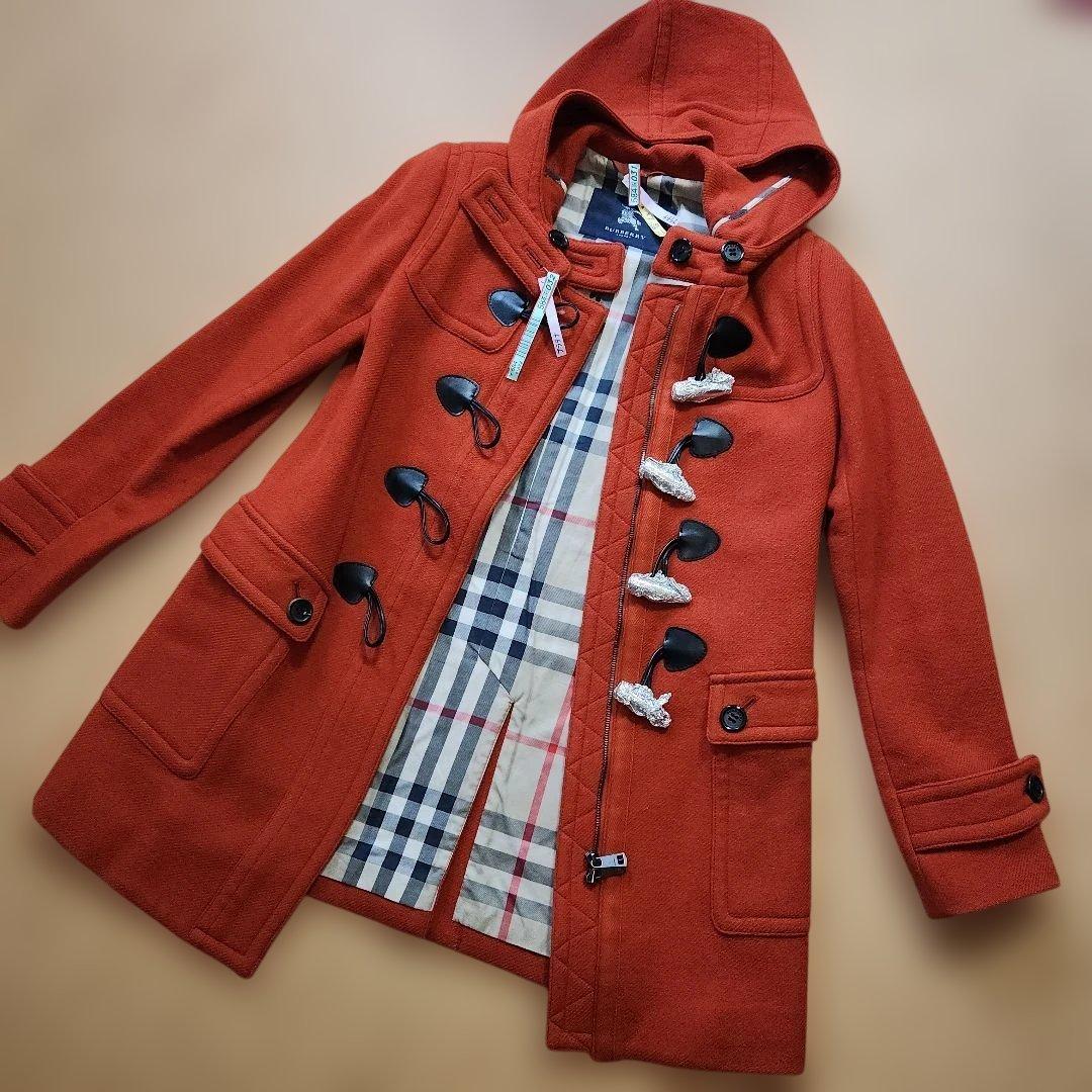 BURBERRYオレンジ ダッフルコートフード一体型ノバチェック