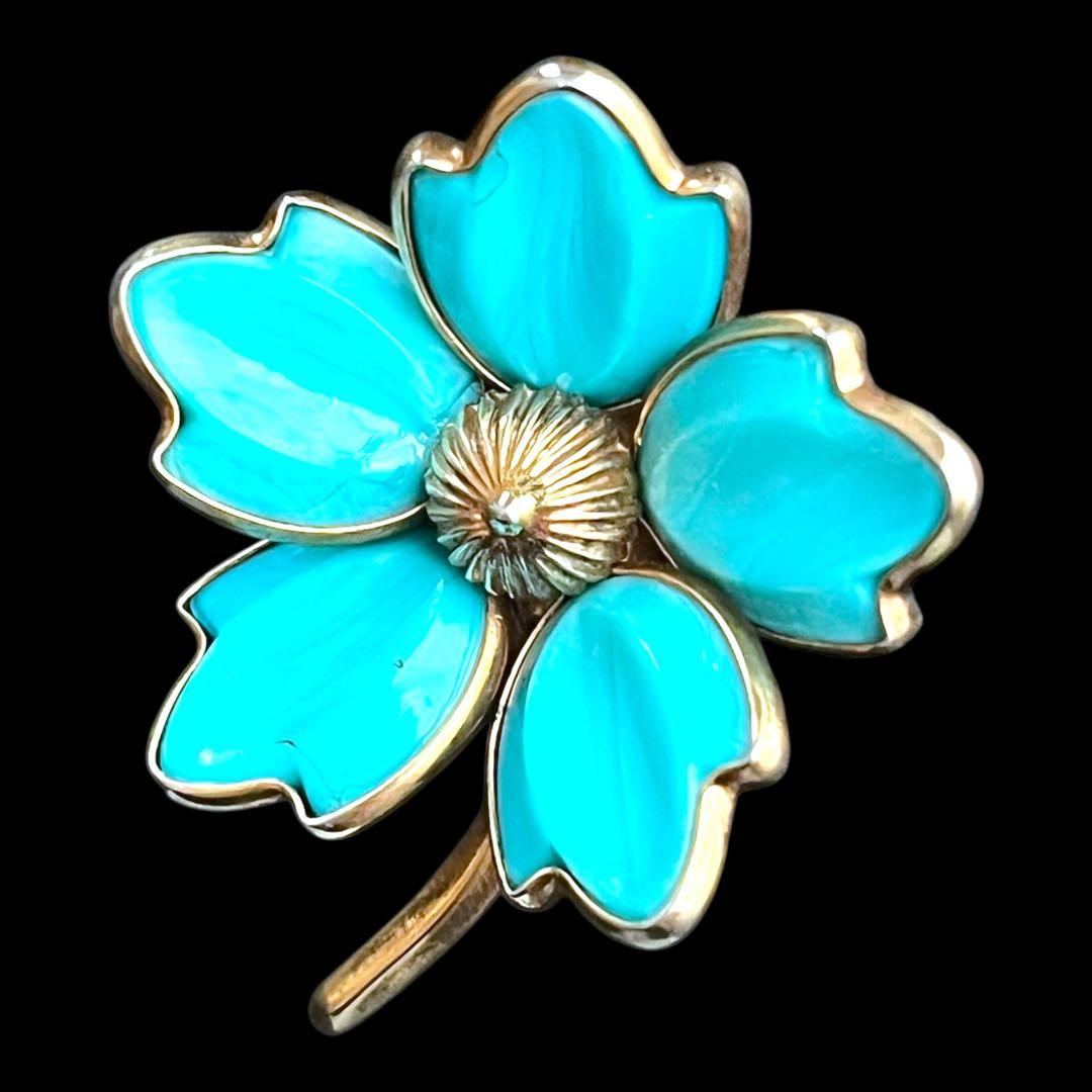 CROWN TRIFARI☆初期☆注ぎガラス☆ターコイズブルーフラワーブローチ