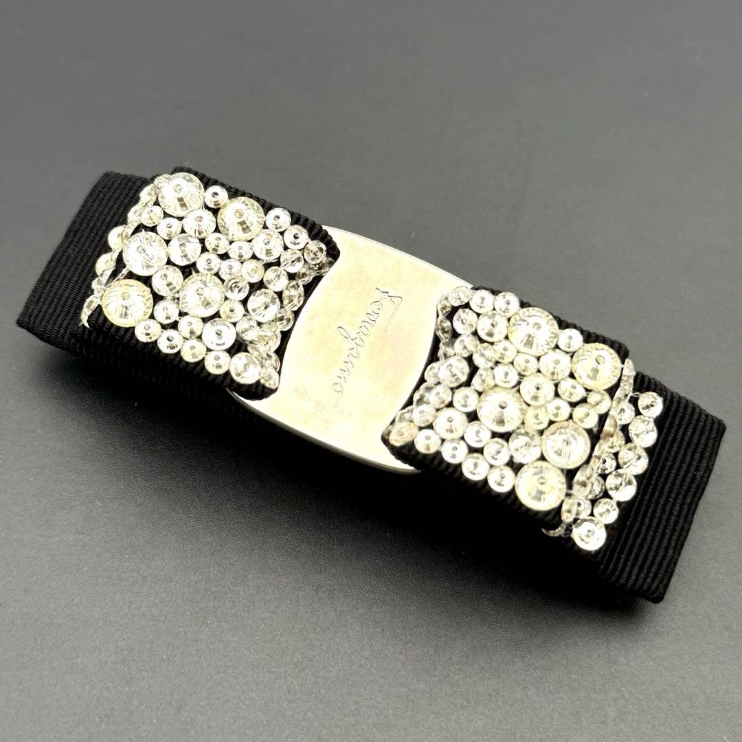 極美品✨フェラガモ バレッタ ビジュー ラインストーン シルバー リボン スワロ